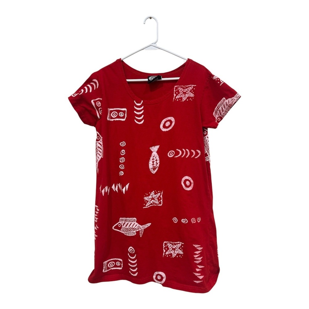 Exist Sports Line Red Cotton T-Shirt Dress Nautical Fish Starfish Print Large